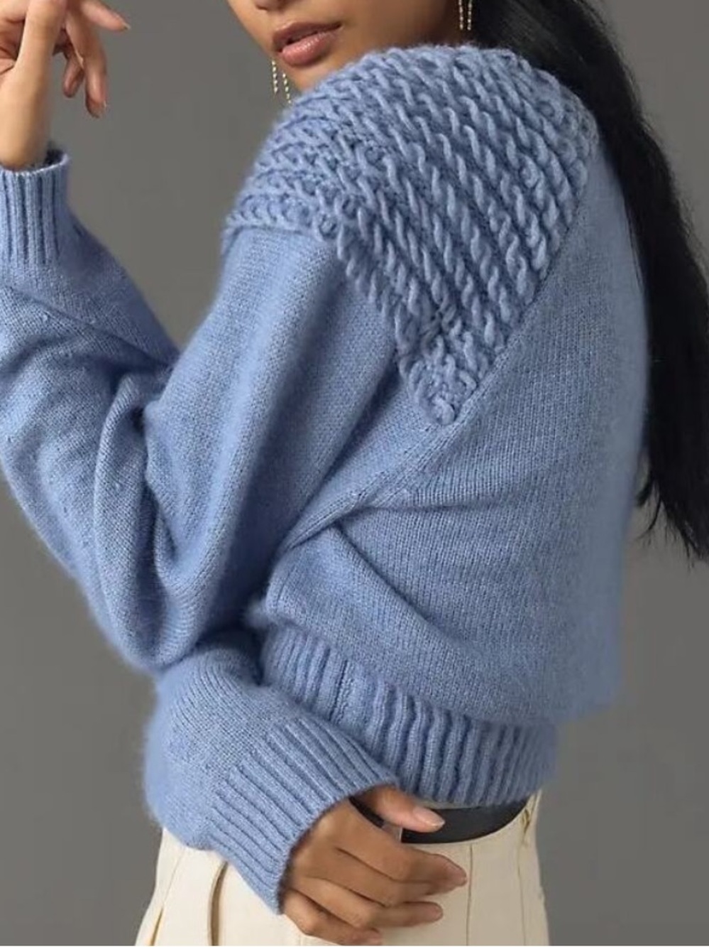 Anthropologie Mare Mare Cinched crew neck sweater with loop knit detail blue M - Picture 11 of 13